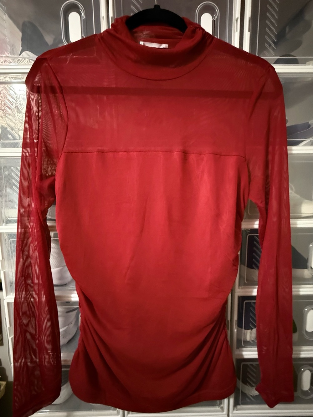 zeagoo Red Mesh Long Sleeve Mock Neck Top